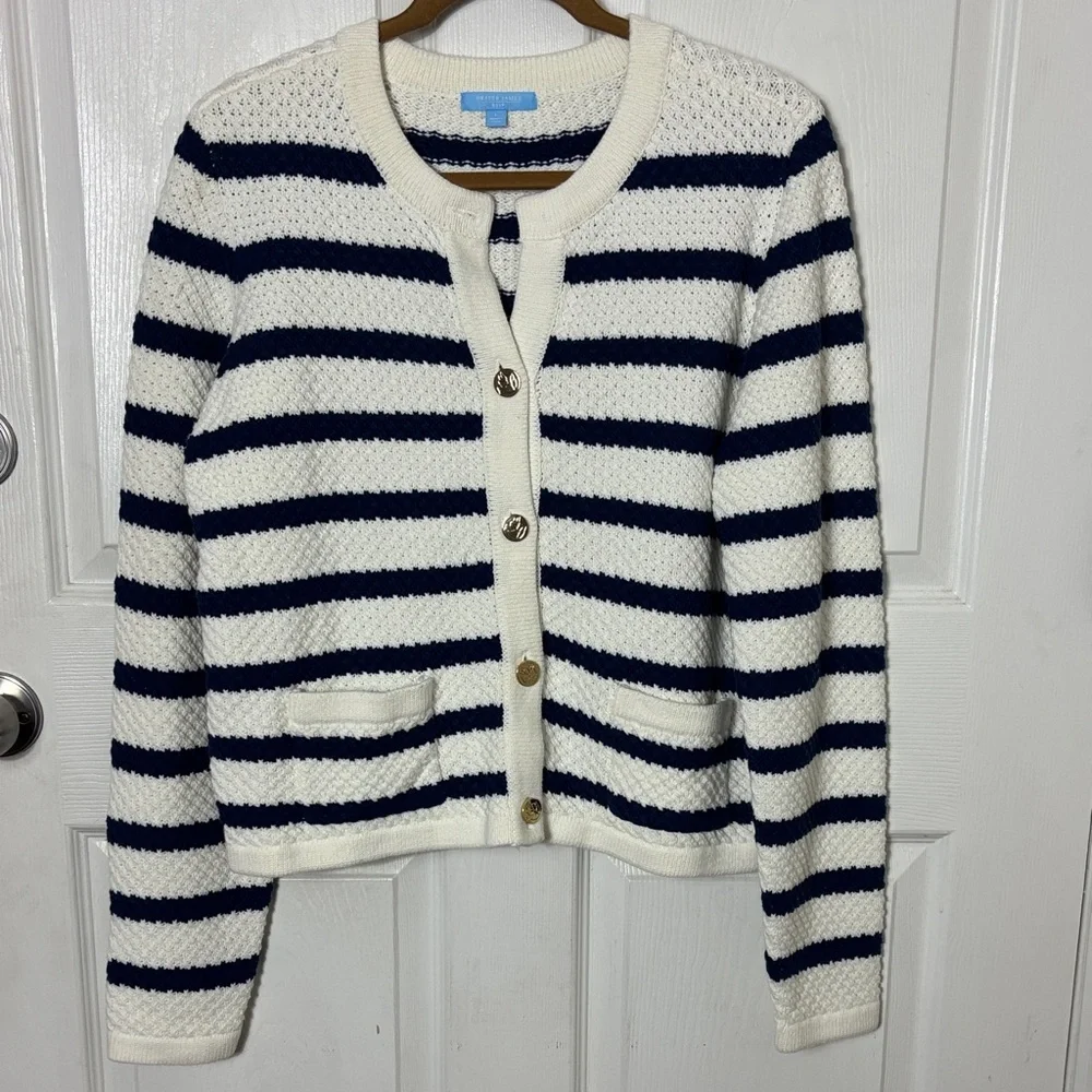 DRAPER JAMES RSVP Nautical stripe knit sweater button down size Large old money